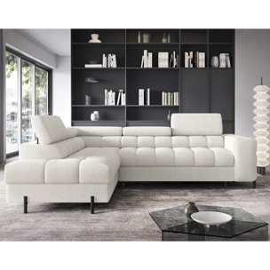 Elisa - canapé d'angle gauche 5 places convertible avec coffre et têtières réglables en tissu bouclette - Blanc