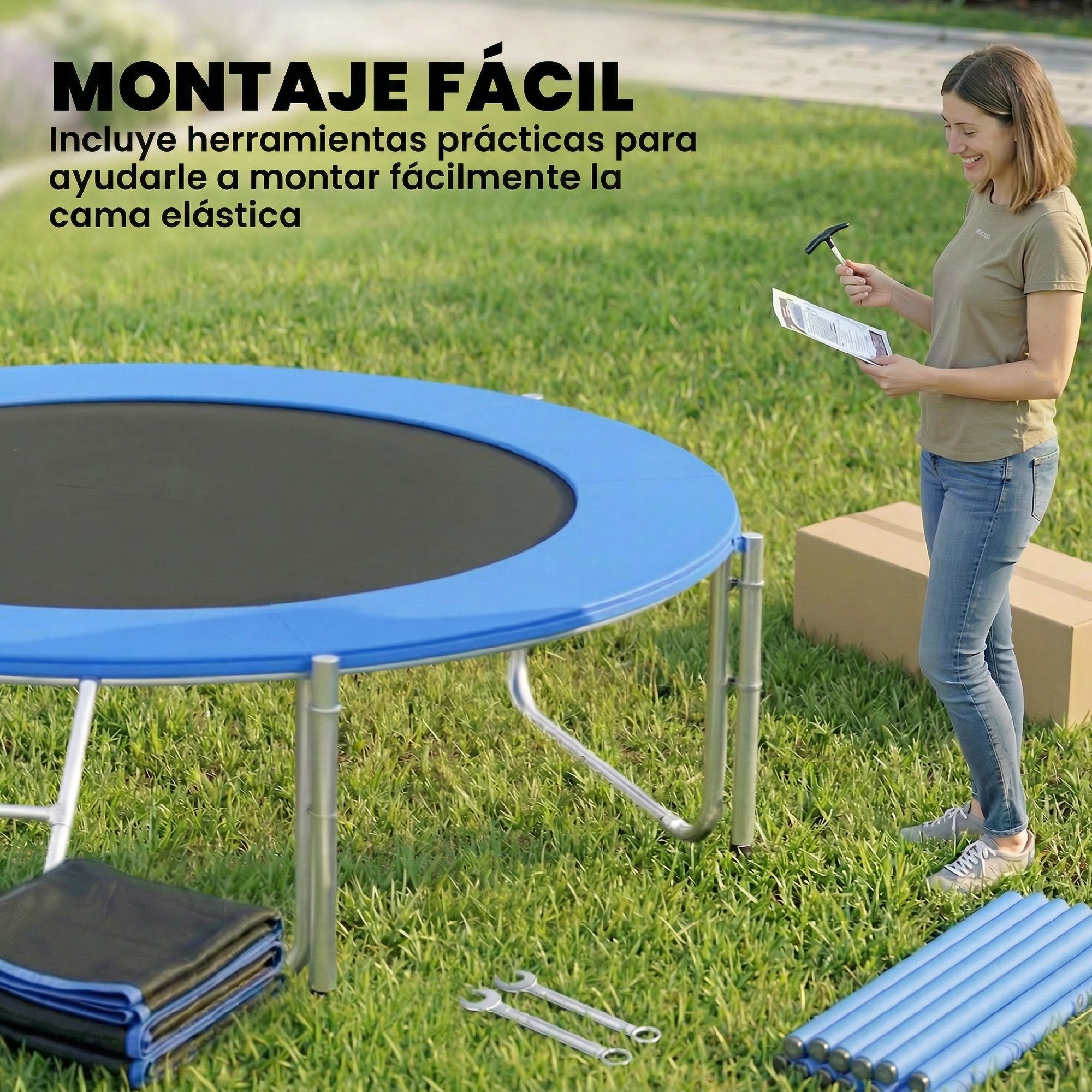 Cama Elástica para Niños Exterior Ø305 cm, Trampolín para Niños de +6 Años con Red de Seguridad, Escalera, Acolchado de Muelles y Marco de Acero Galvanizado, Carga 120 kg