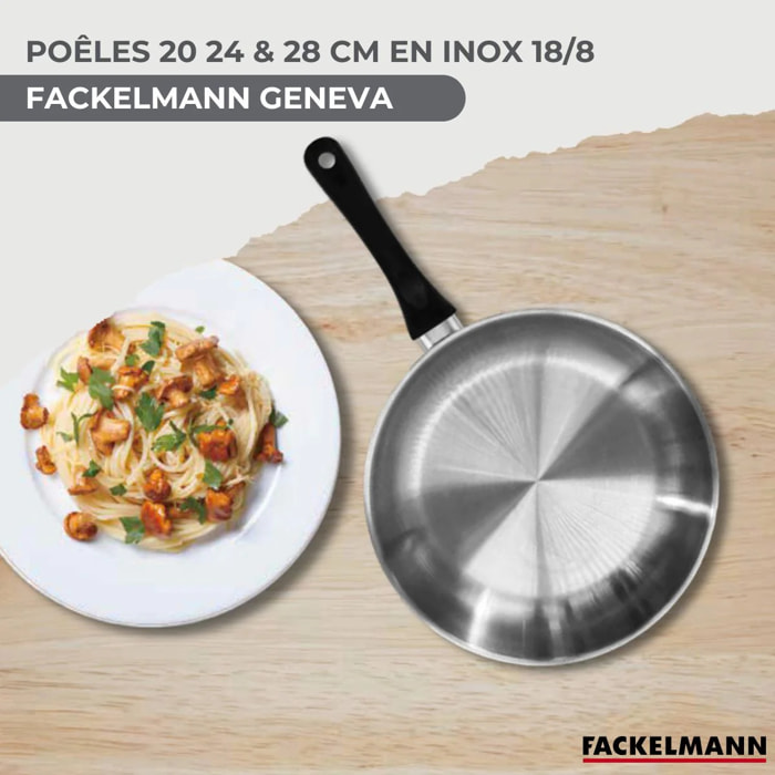 Set 3 poêles 20 24 et 28 cm en inox, couvercles verre et 6 ustensiles inox Fackelmann Geneva