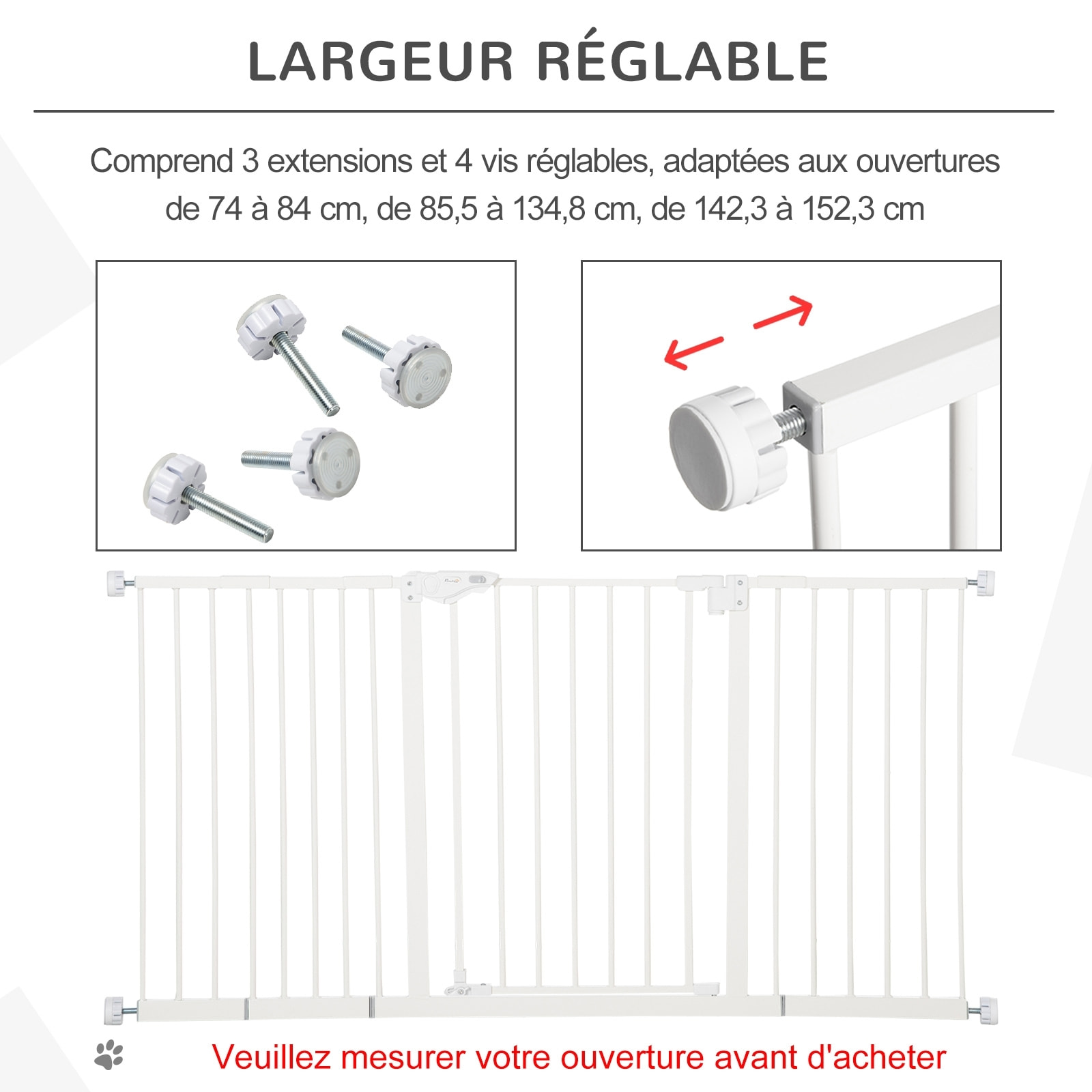 Barrière de sécurité pliable pour chien - 3 panneaux, porte verrouillable - dim. 206L x 120H cm - acier PP blanc