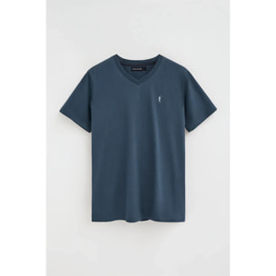 Camiseta azul denim de cuello pico con logo Rigby Go