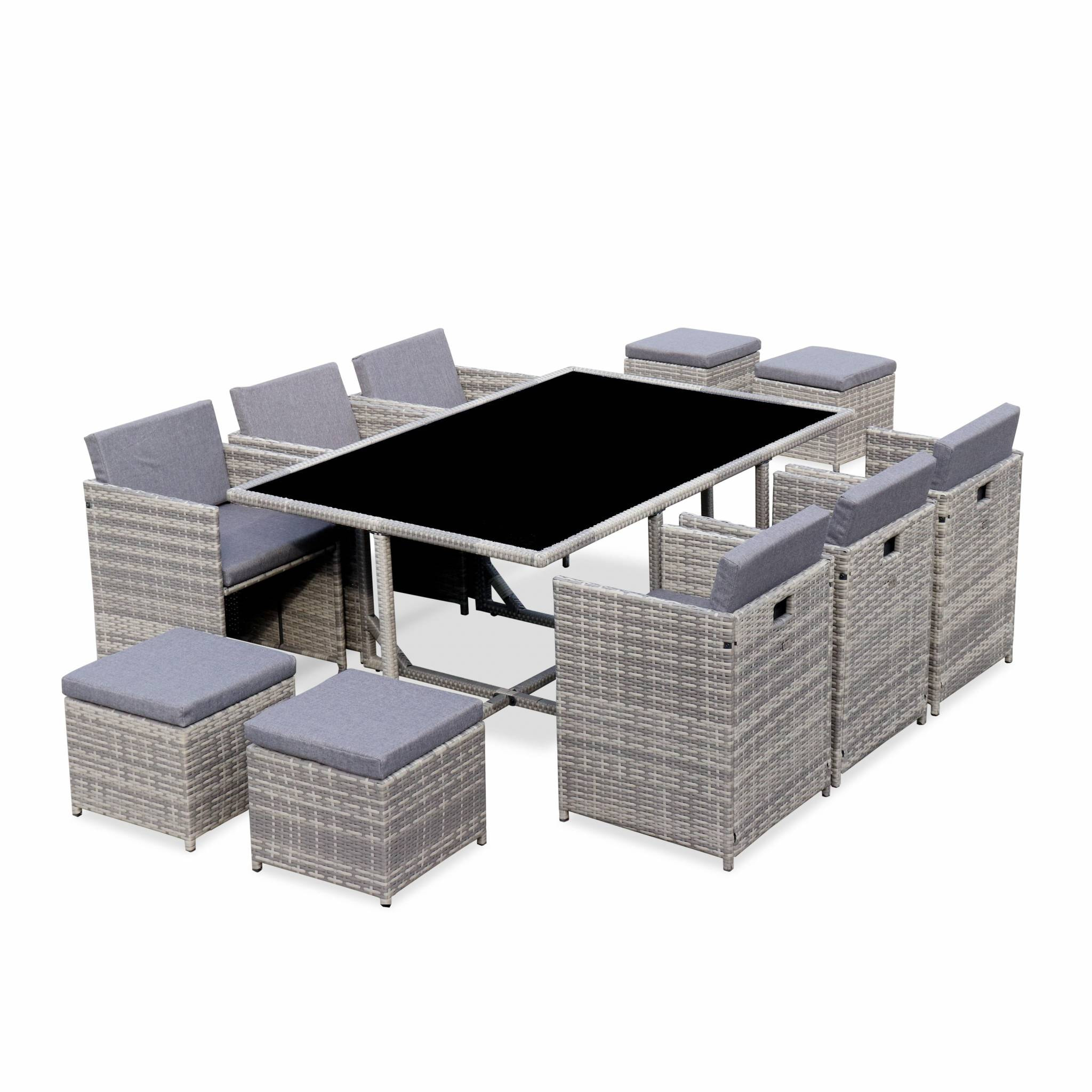 Table de jardin encastrable résine + 10 assises - Vabo - Coloris Nuances de gris. Coussins gris chiné. table encastrable.