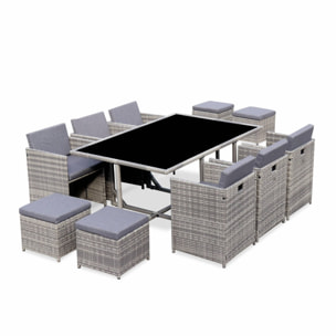 Table de jardin encastrable résine + 10 assises - Vabo - Coloris Nuances de gris. Coussins gris chiné. table encastrable.