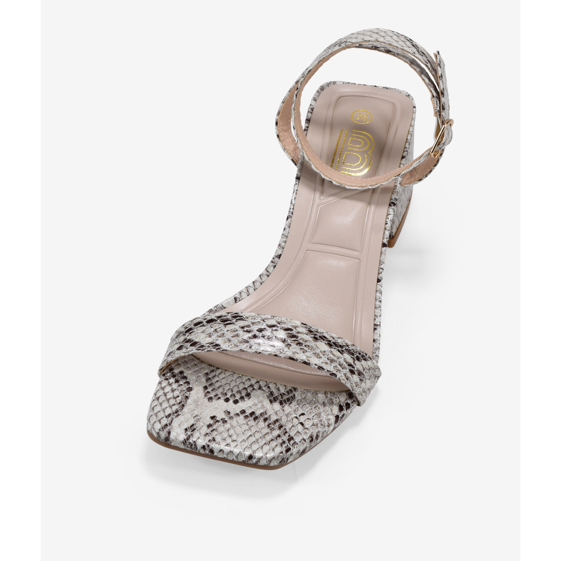 Sandalias de tacón estampado serpiente con hebilla