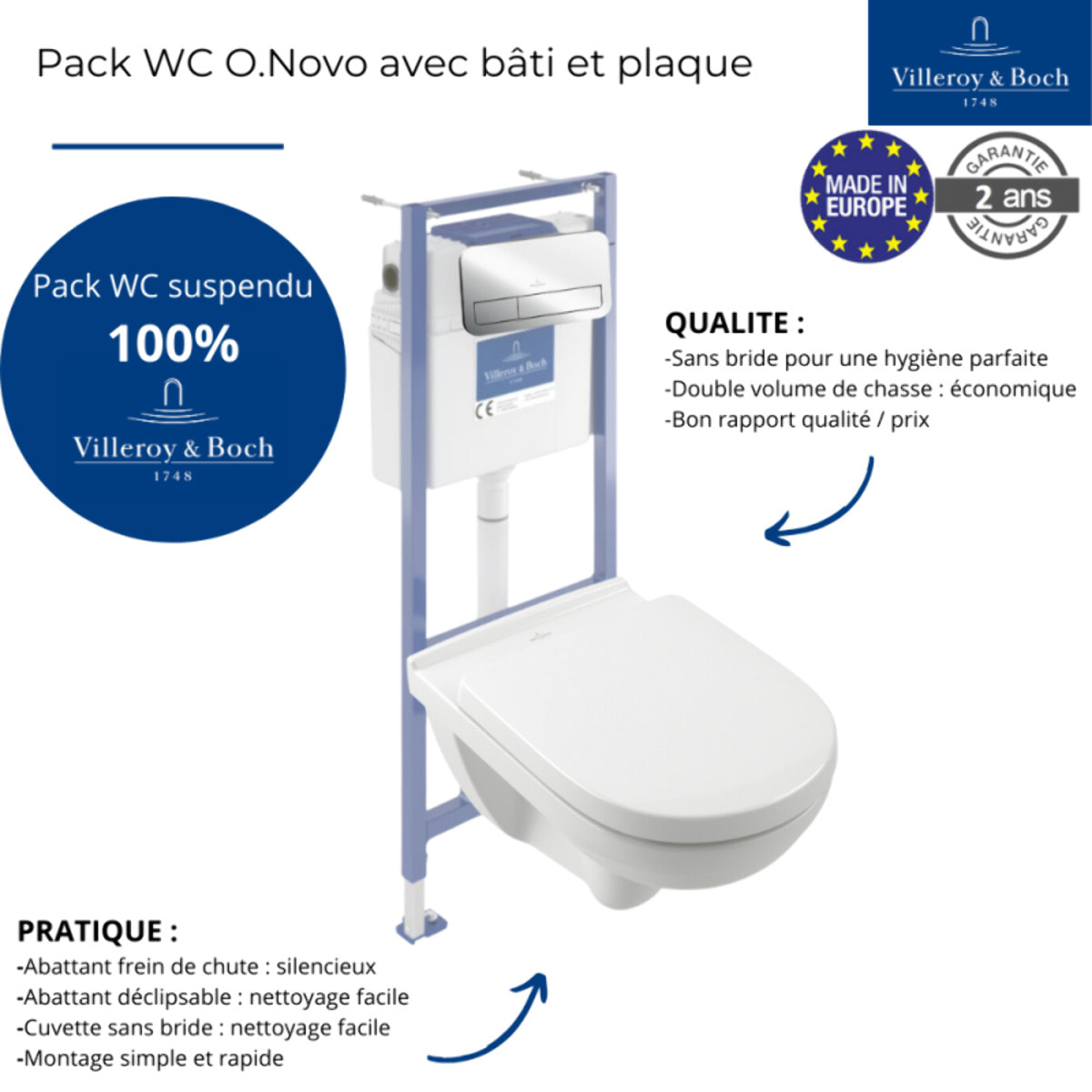 Pack WC sans bride O novo avec abattant frein de chute + bâti-support sol et mur Viconnect PRO + plaque Chromé   + Tabouret bois