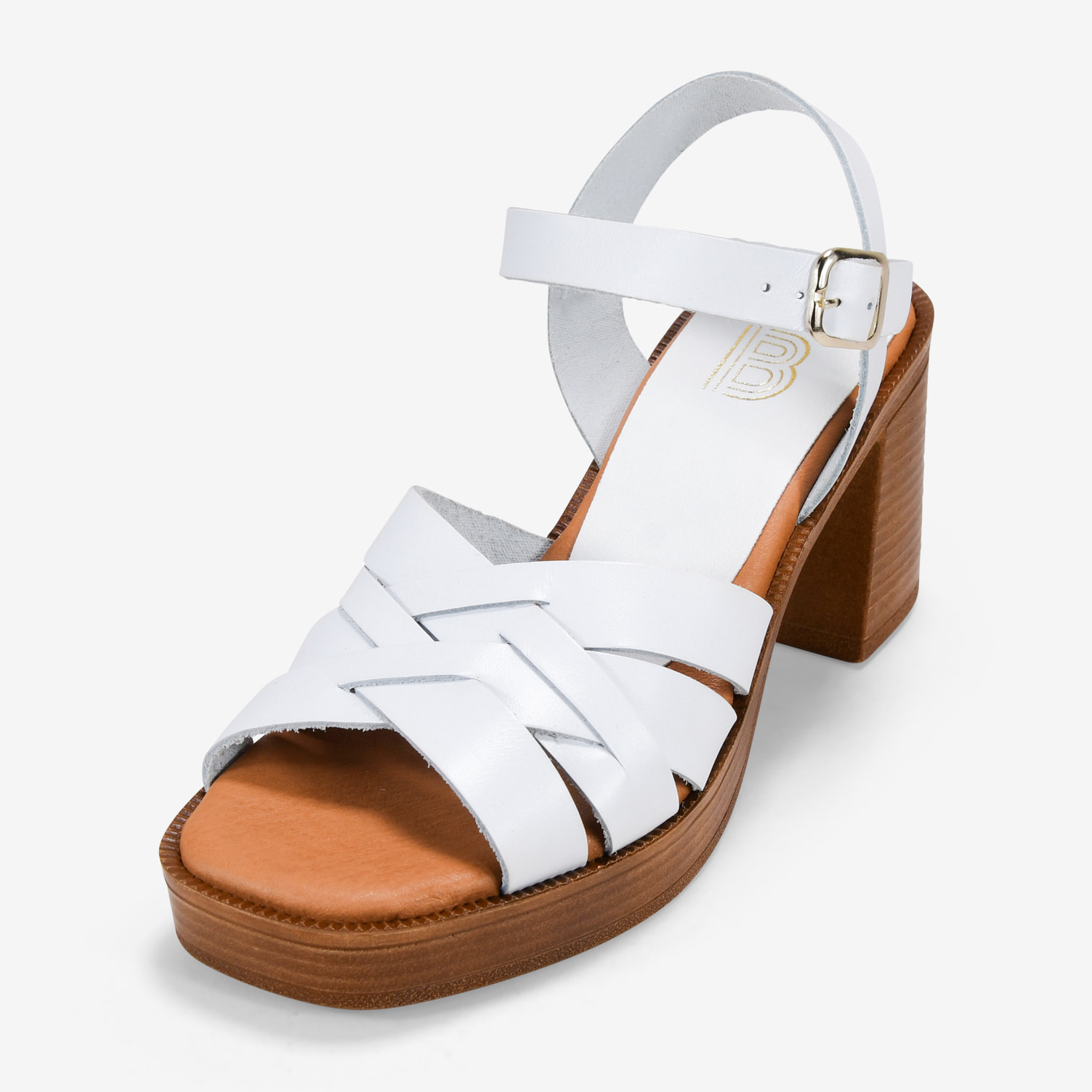 Sandalias de tacón blancas en piel con hebilla