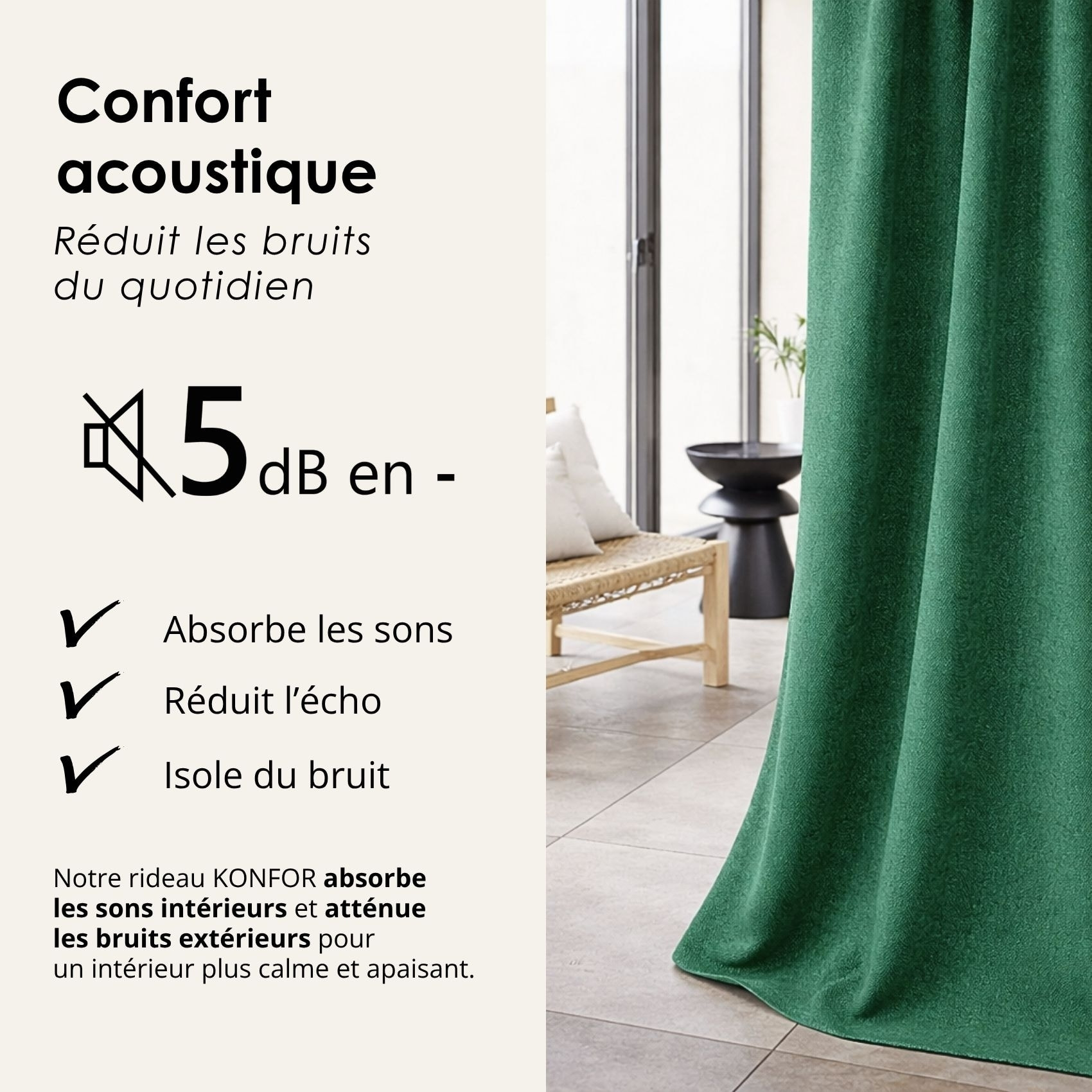 Rideau thermique phonique et semi occultant à galons fronceurs KONFOR - Vert