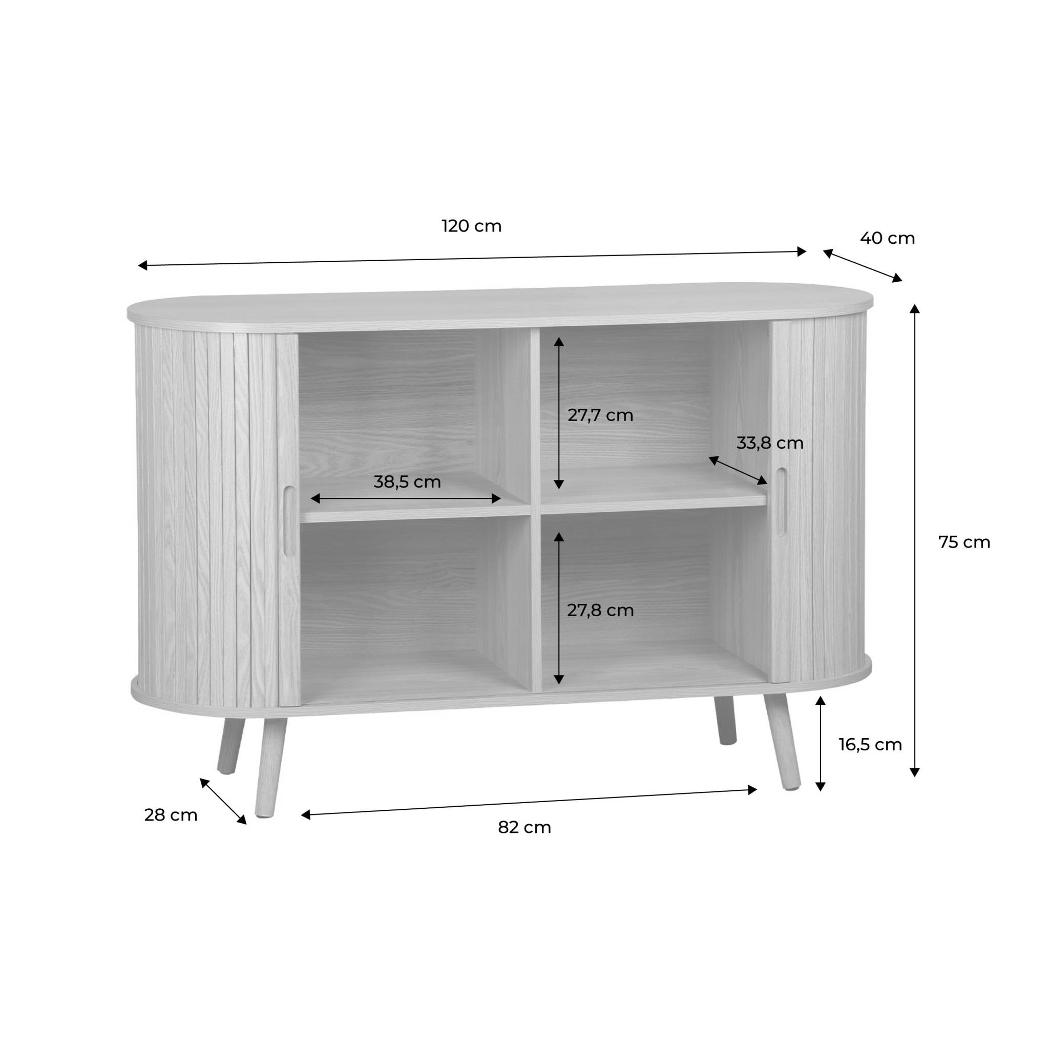 Buffet scandinave 2 portes coulissantes. 4 compartiments. effet bois rainuré. couleur naturelle. buffet bas. L 120 x P 40 x H 75cm