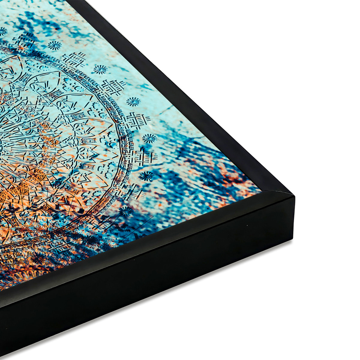 Affiche encadrée mandala artistique bleu et ocre Affiche + cadre en métal - Noir