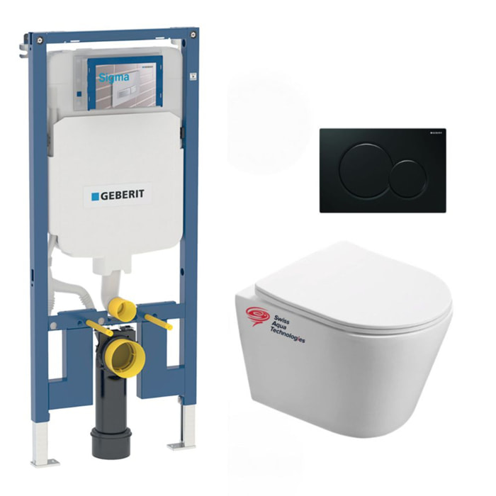 Pack WC Bati Geberit UP720 extra-plat + Cuvette SAT sans bride fixations invisibles + Plaque noir brillant (SLIM-Infinitio-A)