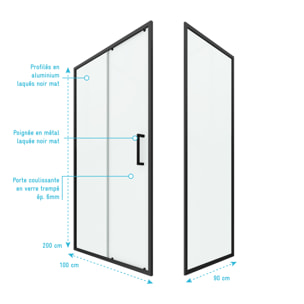 Porte de douche + Retour 100x90x200 cm - Verre 6 mm - Profilé Noir - CRUSH
