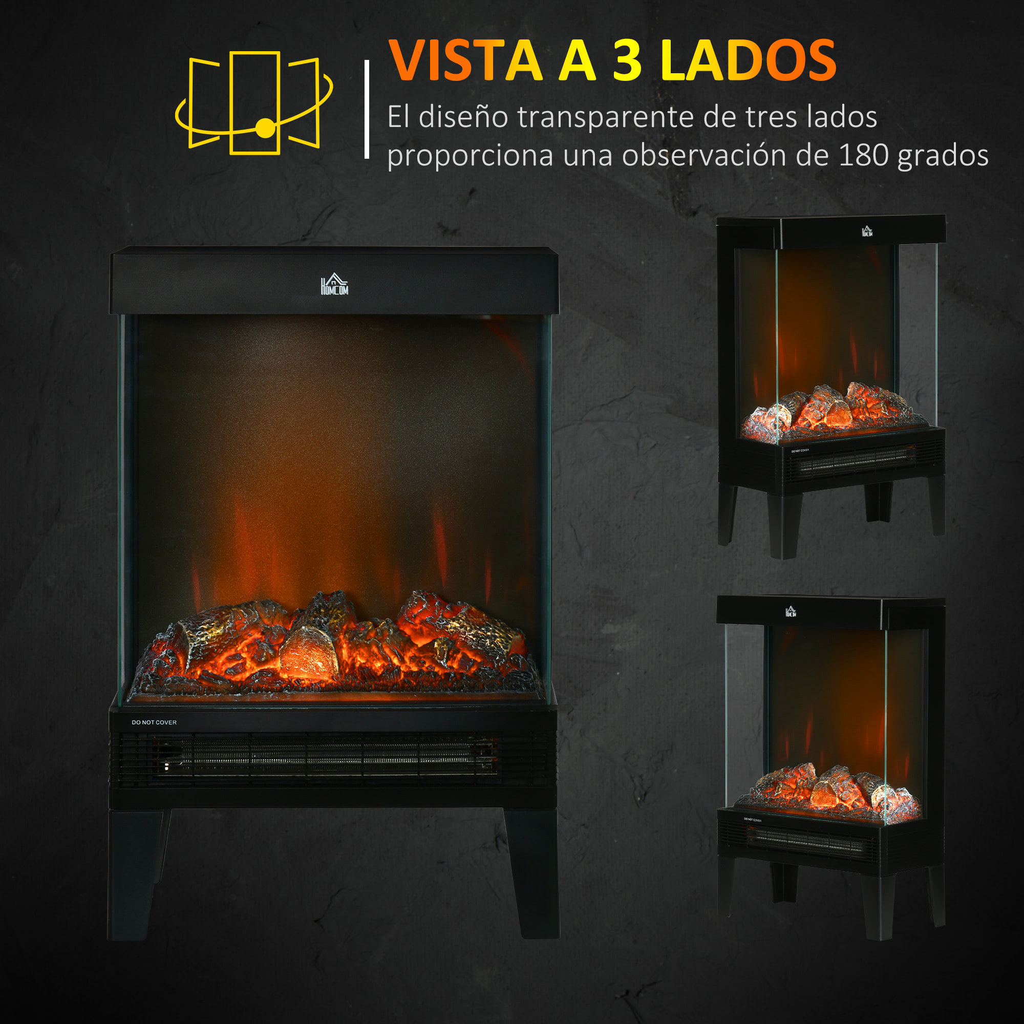 HOMCOM Chimenea Eléctrica 1000W/2000W Calentador de Chimenea con Llama LED Ajustable Termostato y Protección contra Sobrecalentamiento hasta 15-20 m² 40,5x20x62 cm Negro