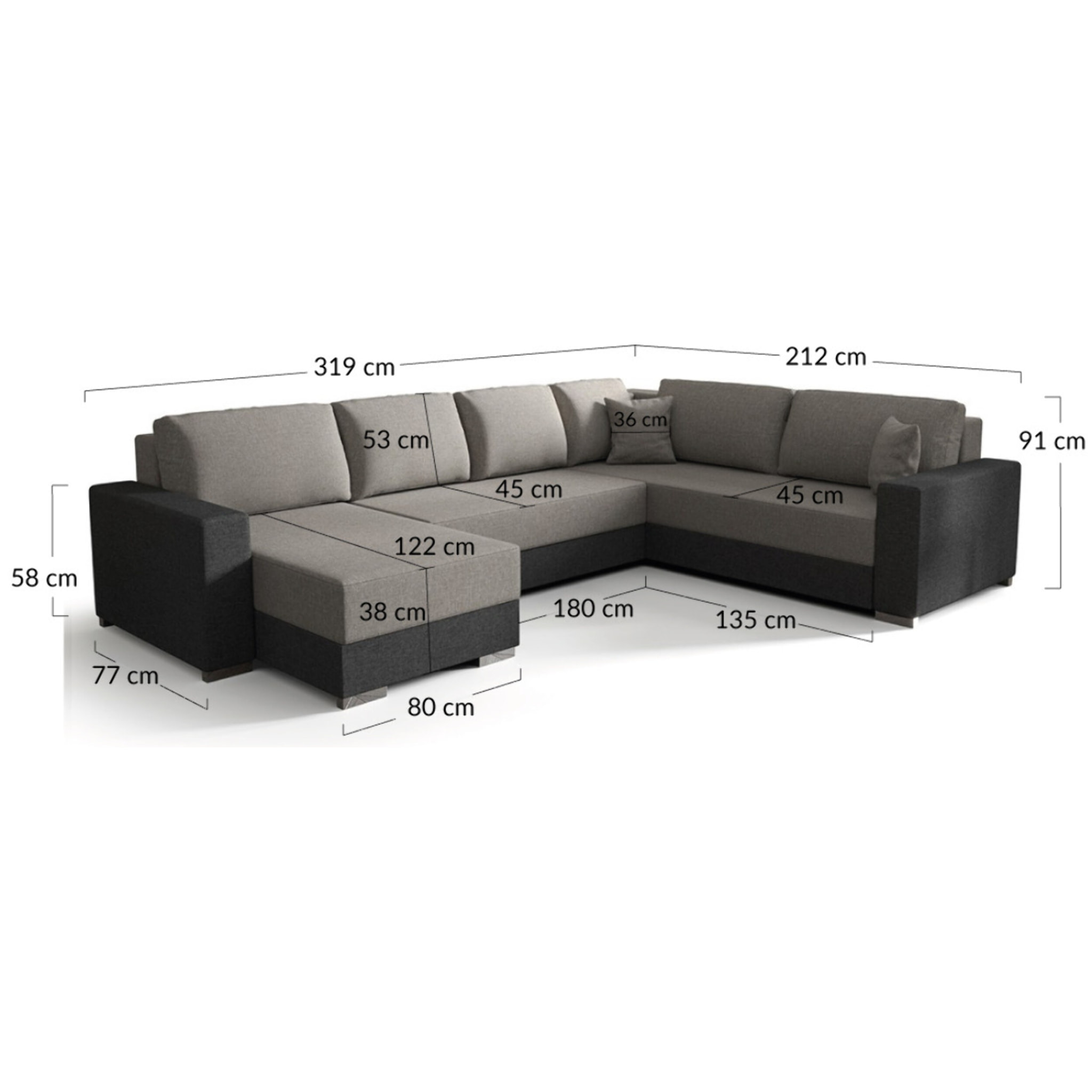 Epona - Canapé panoramique d'angle réversible 7 places convertible avec coffre en tissu - Noir / Gris