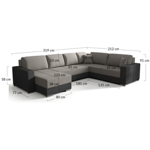 Epona - Canapé panoramique d'angle réversible 7 places convertible avec coffre en tissu - Noir / Gris