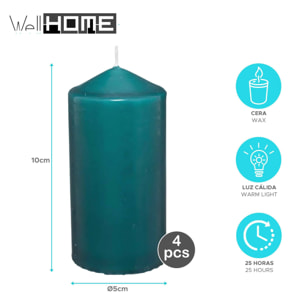 Set de 4 velas de cera en color petróleo ø5x10cm y 25h de combustión