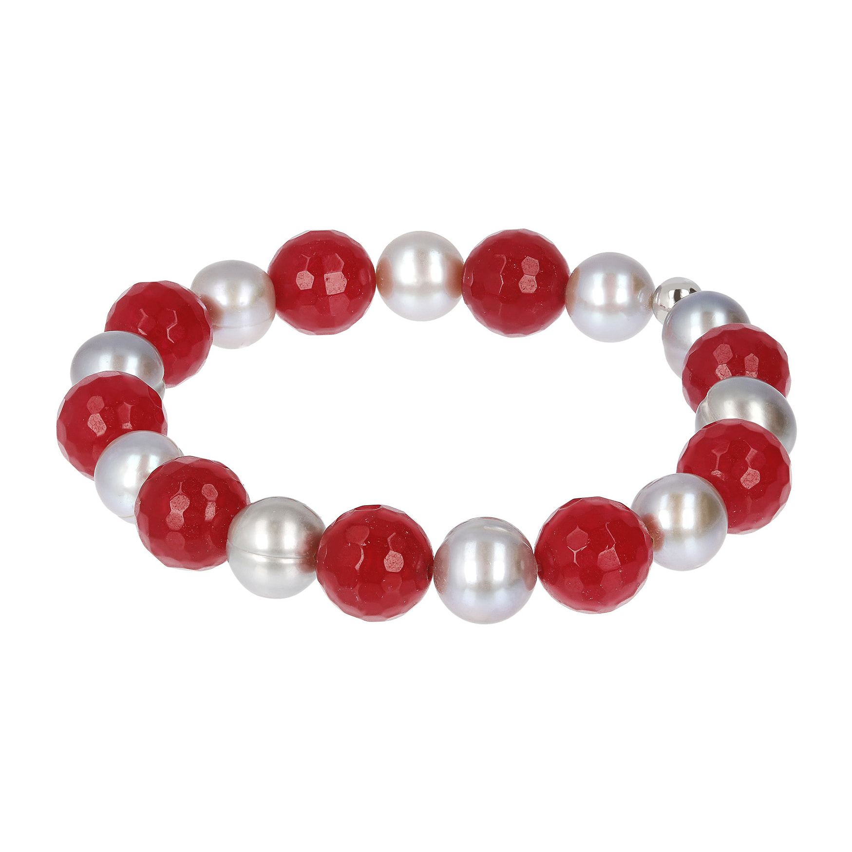 Bracciale Elastico con Quarzo Rosso e Perle d'Acqua Dolce Grigie Ø 9.5/10.5 mm