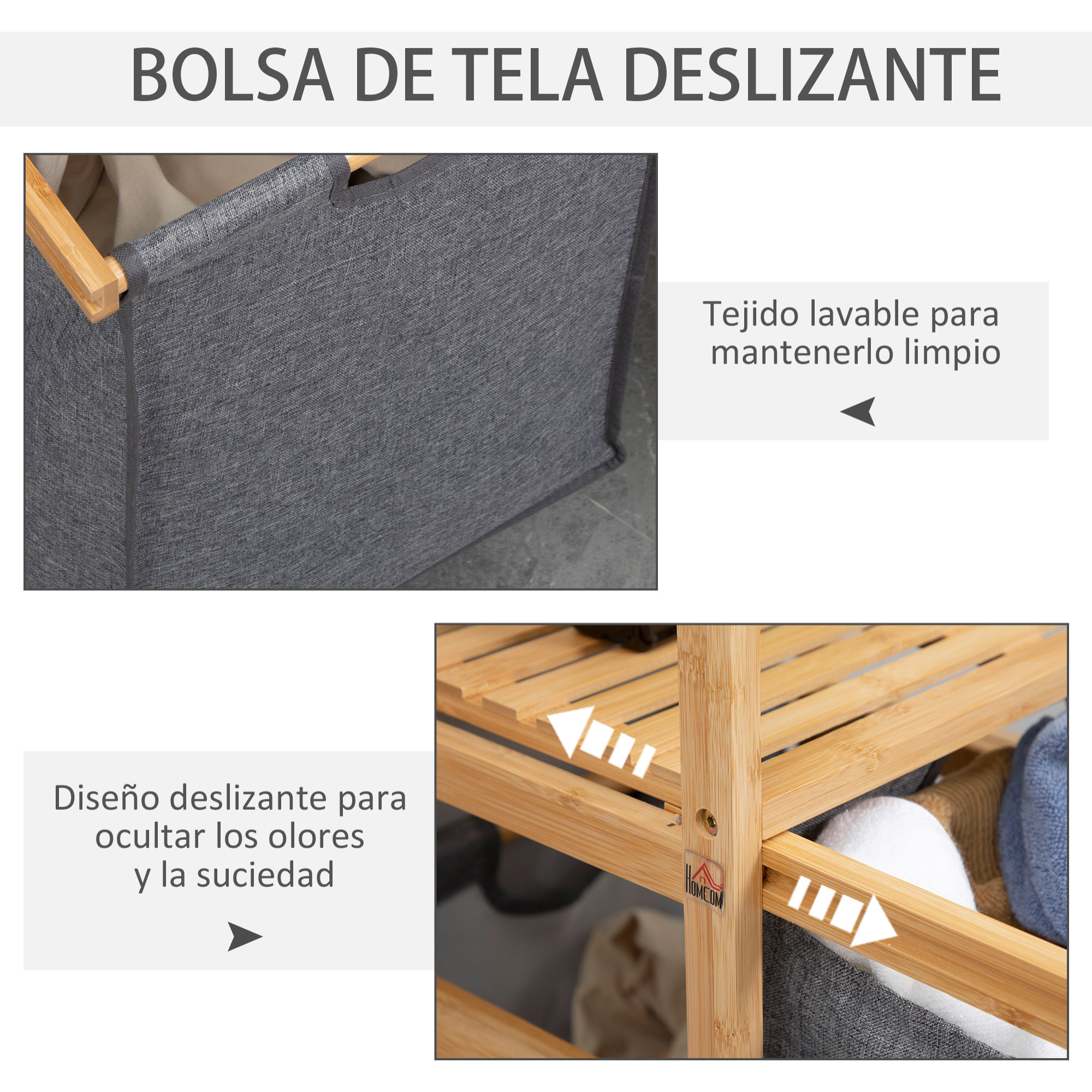 Cesto para Ropa Sucia de Bambú con 2 Bolsas de Tela Extraíbles 42x35x84,5 cm