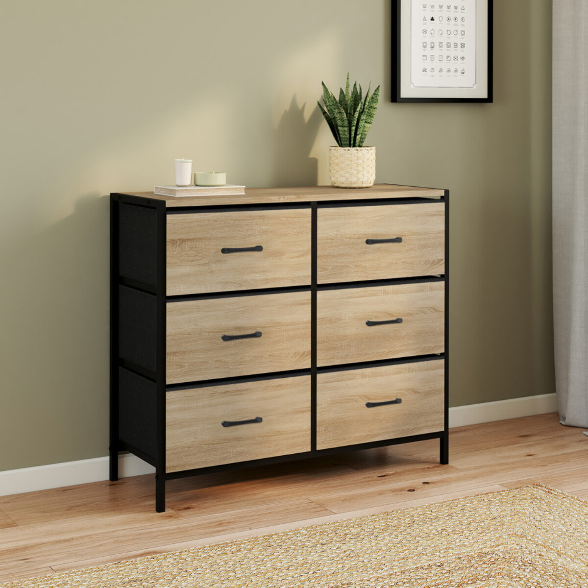 Commode Iris 6 tiroirs en bois et tissu