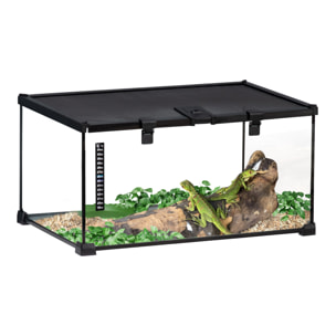 Terrarium en verre - vivarium reptiles & batraciens - habitat tortue - couvercle grillagé coulissant verrouillable - distributeur eau, thermomètre inclus - métal noir verre