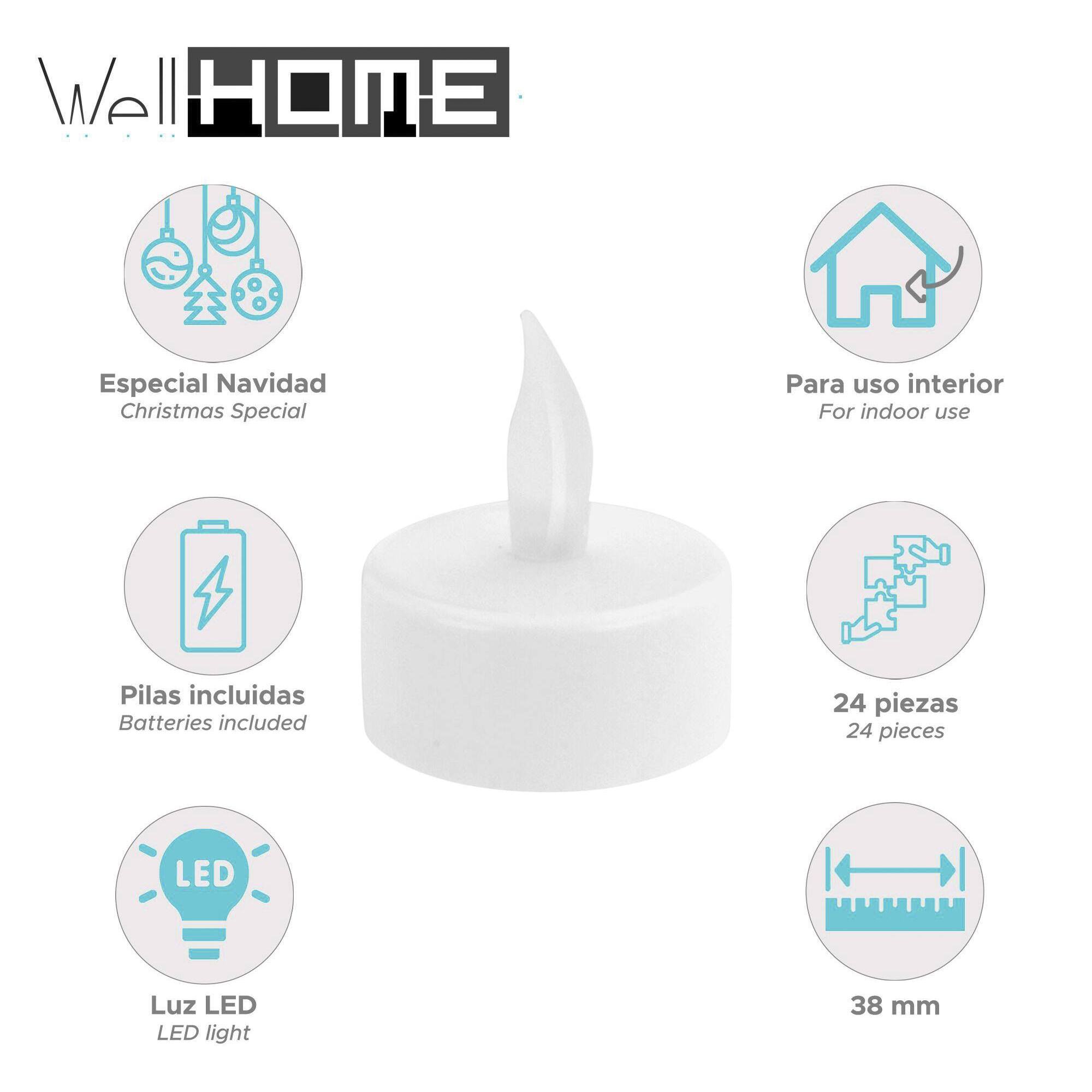 Juego de 24 velas led de té en blanco cálido parpadeante ø3,8x1,8cm con batería incluida