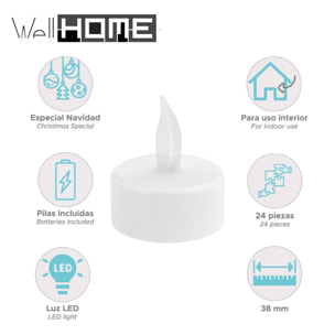 Juego de 24 velas led de té en blanco cálido parpadeante ø3,8x1,8cm con batería incluida