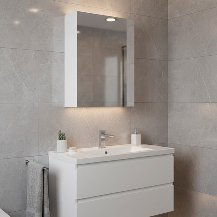 Pensile Bagno Con Anta A Specchio E Ripiani Interni Mobile Sospeso Salvaspazio In Melaminico Arredo Bagno Moderno Minimal  65 x 40 x 21 Cm Bianco