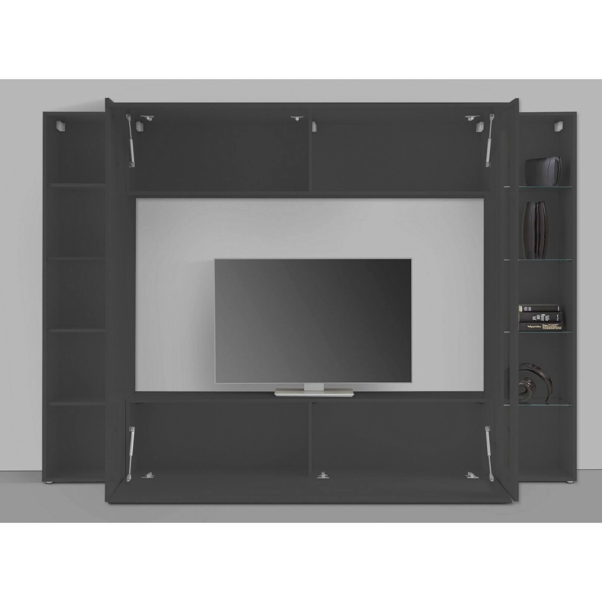 Parete attrezzata Donatello, Set salotto porta TV, Mobile soggiorno multiuso con vetrina e luce LED, 100% Made in Italy, cm 260x30h180, Antracite