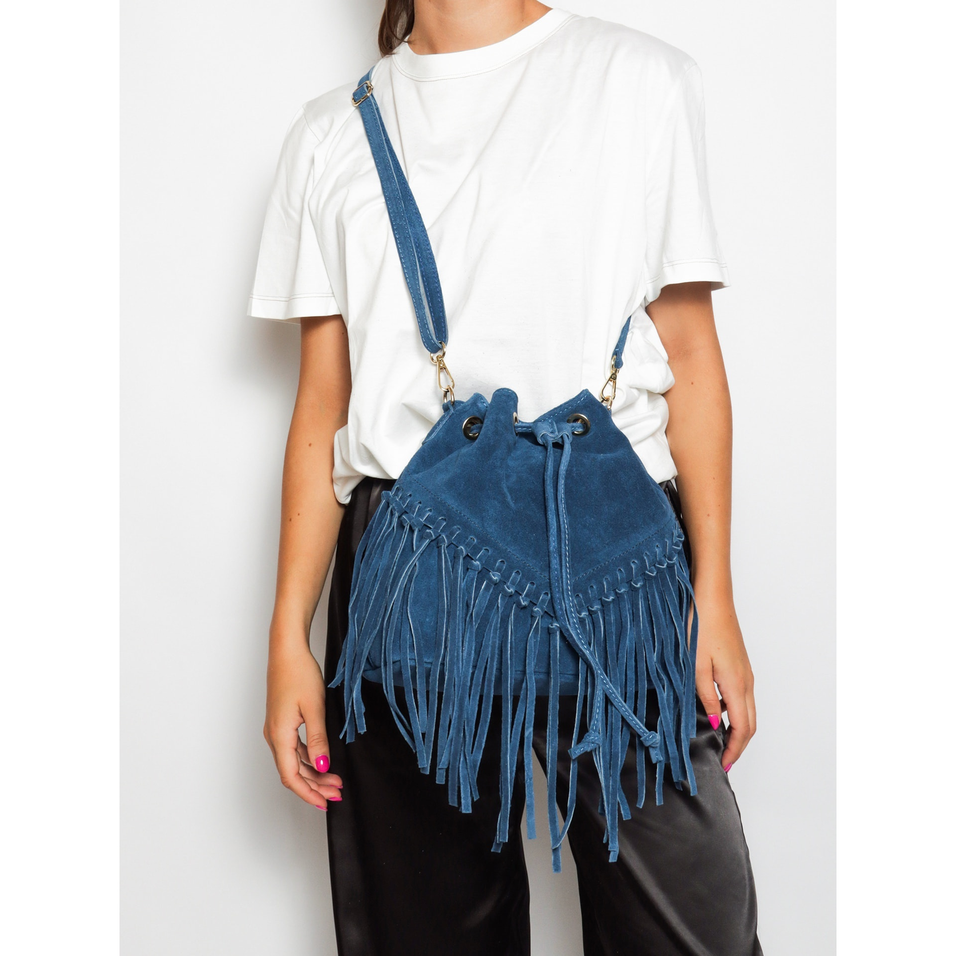 Borsa a secchiello da donna Made in Italy - Modello Umbria Plus - Pelle scamosciata - 25.0 x 22.0 x 13.0 cm