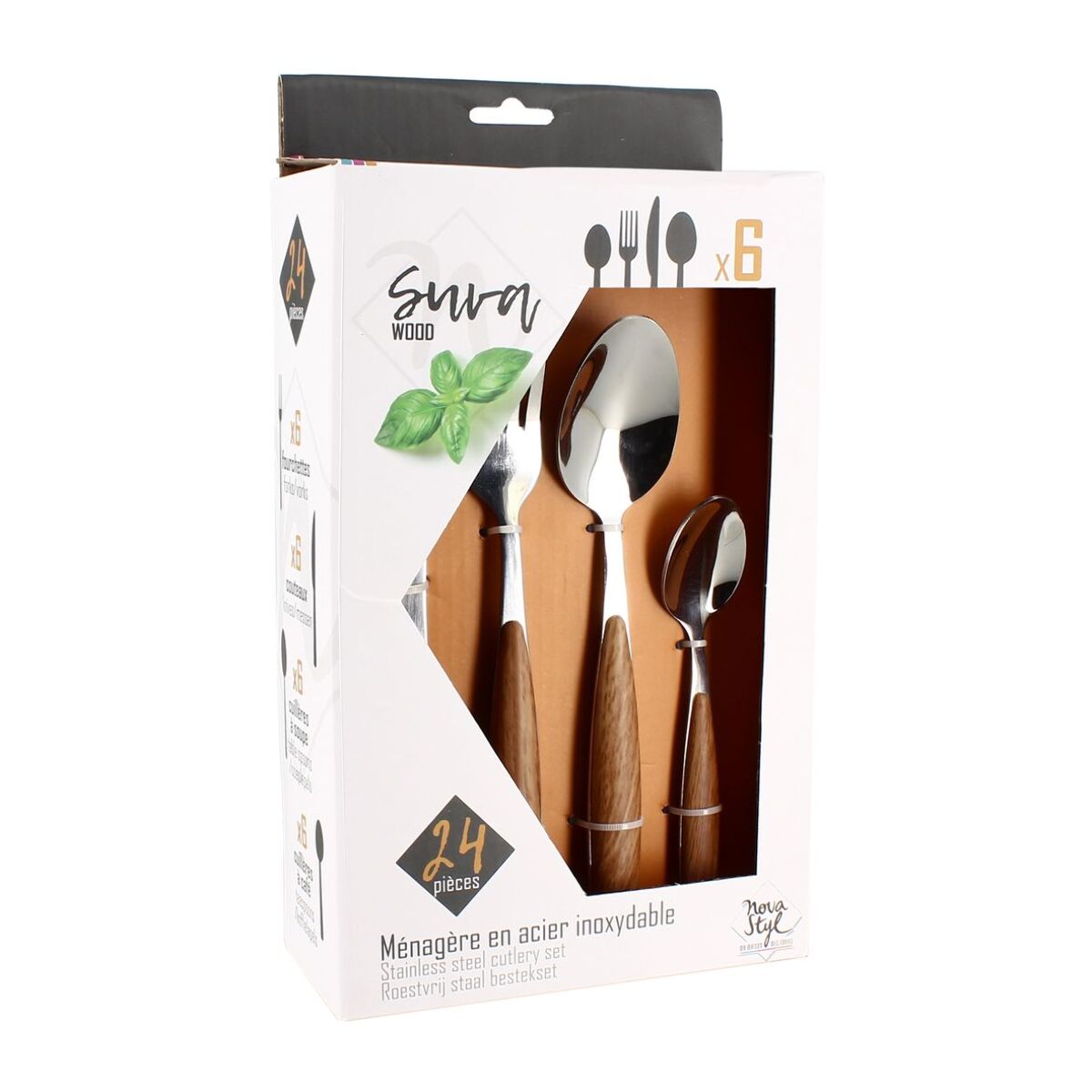 Ménagère 24 pièces en acier inoxydable manche effet bois SUVA