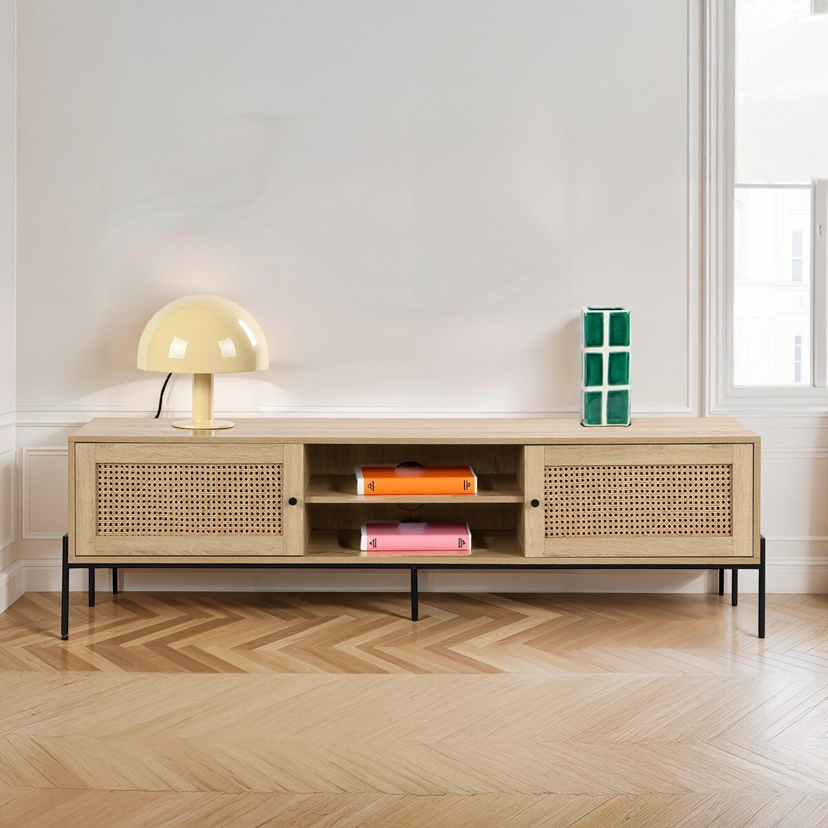 Meuble TV 2 portes en cannage et effet chêne - IRIS