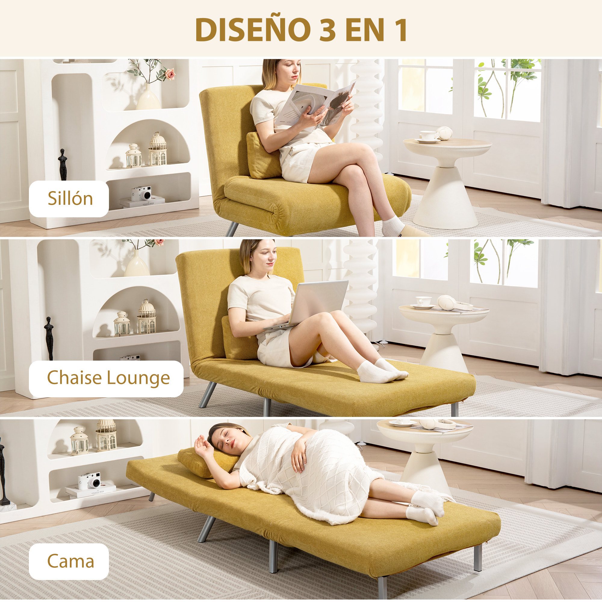 Sofá Cama de 1 Plazas 3 en 1 Sillón Cama Plegable Tapizado en Chenilla con Respaldo Ajustable de 5 Niveles y Almohada Acolchada para Oficina Dormitorio Salón 80x75x83 cm Amarillo