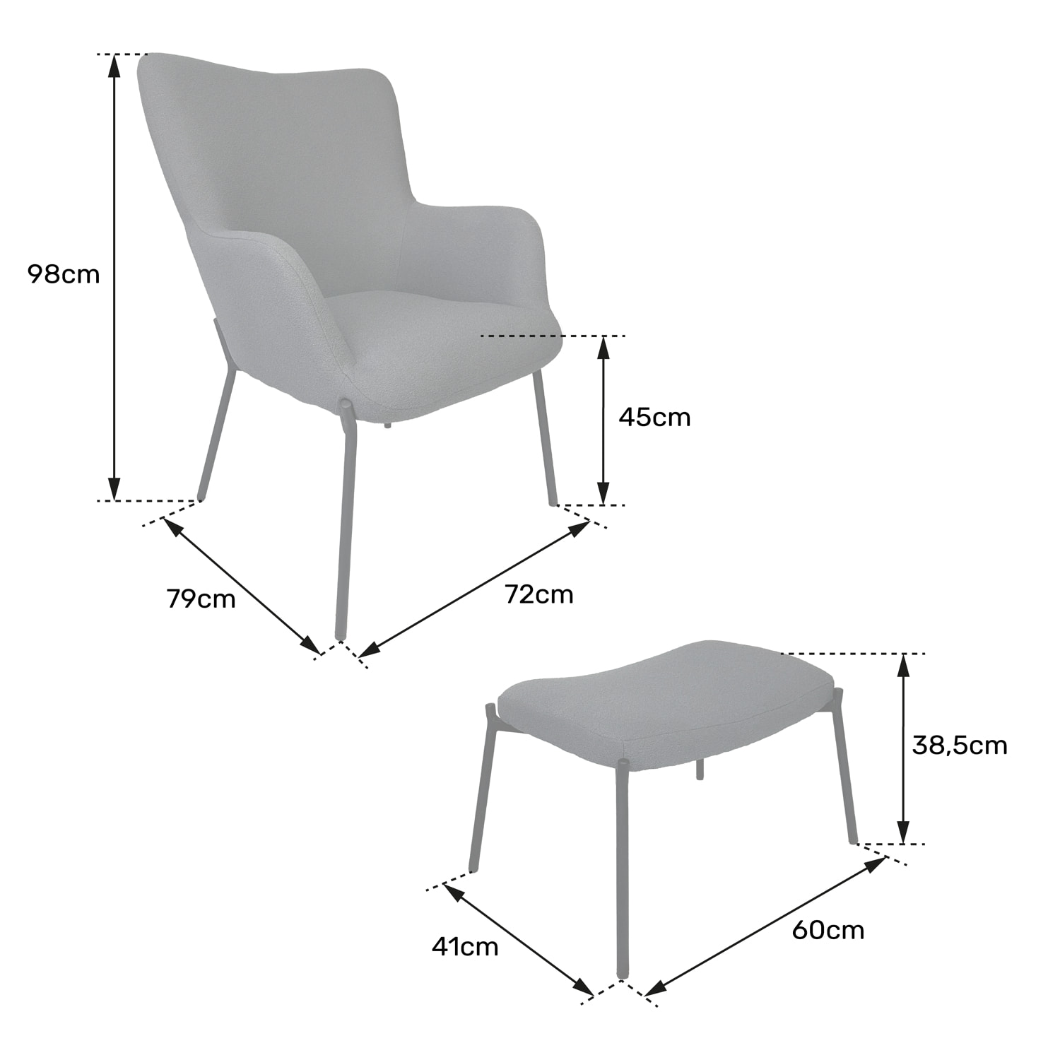 Fauteuil en tissu boucle gris avec repose-pieds EIRA