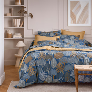 Parure de lit 3 pièces 100% percale de coton forêt housse + 2 taies - Bleu Encre