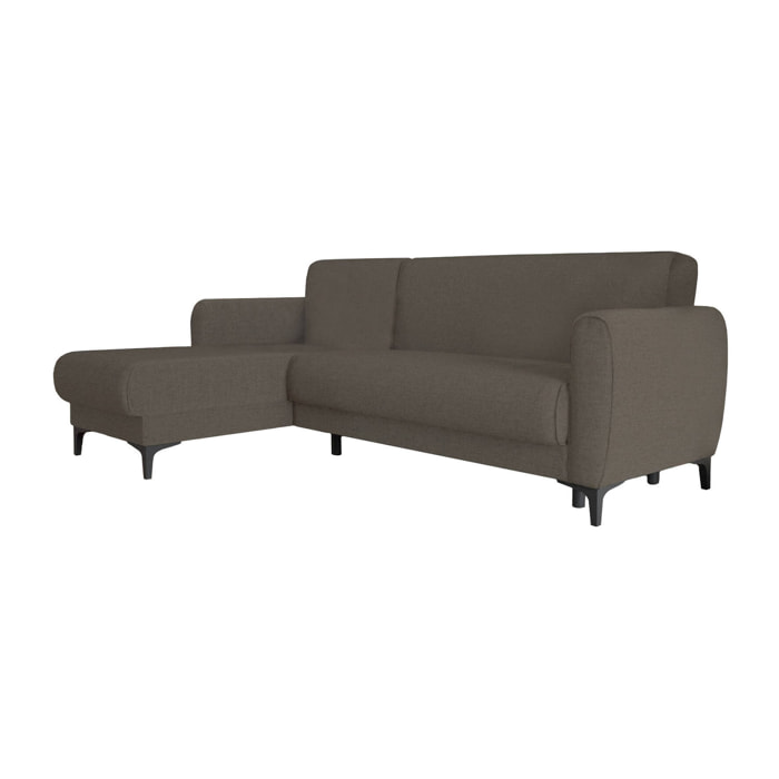 Divano letto con penisola Aber, Divano ad angolo reversibile, Sofà contenitore moderno con chaise longue e 3 cuscini, 230x153h85 cm, Marrone