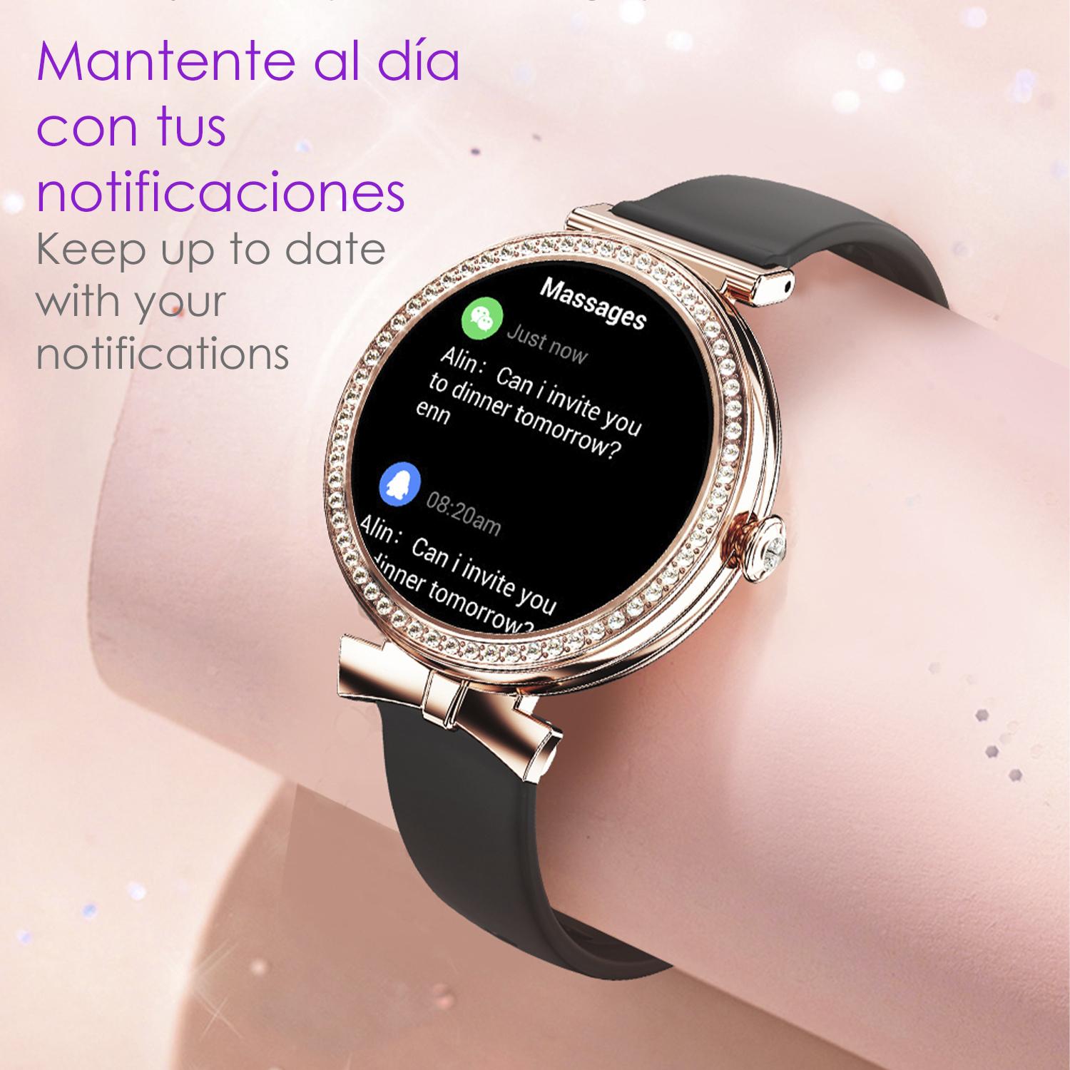 DAM Smartwatch QS01 compacto y elegante. Llamadas BT, notificaciones push. Monitor de salud, ciclos femeninos. Modos deportivos. 4,8x1,2x4,3 Cm. Color: Rosa