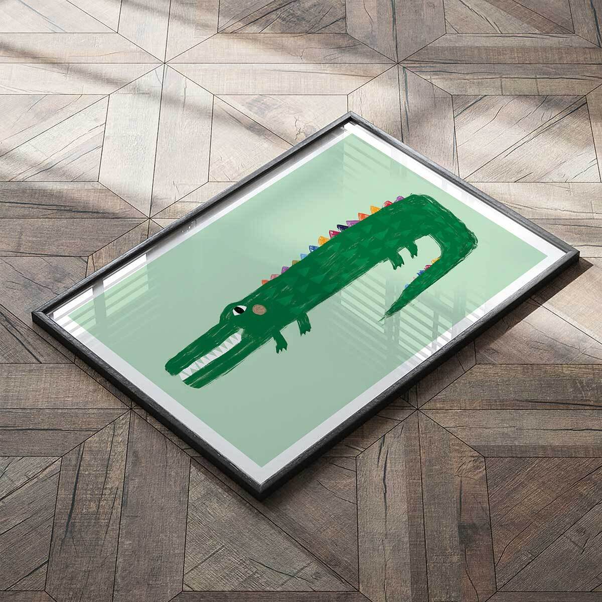 Affiche enfant crocodile vert  Affiche + cadre en bois - Noir