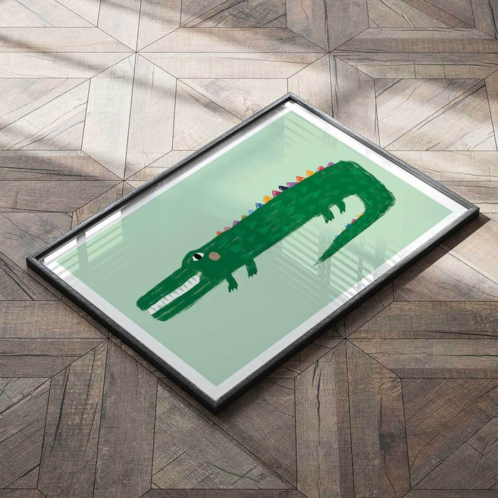 Affiche enfant crocodile vert  Affiche + cadre en bois - Noir