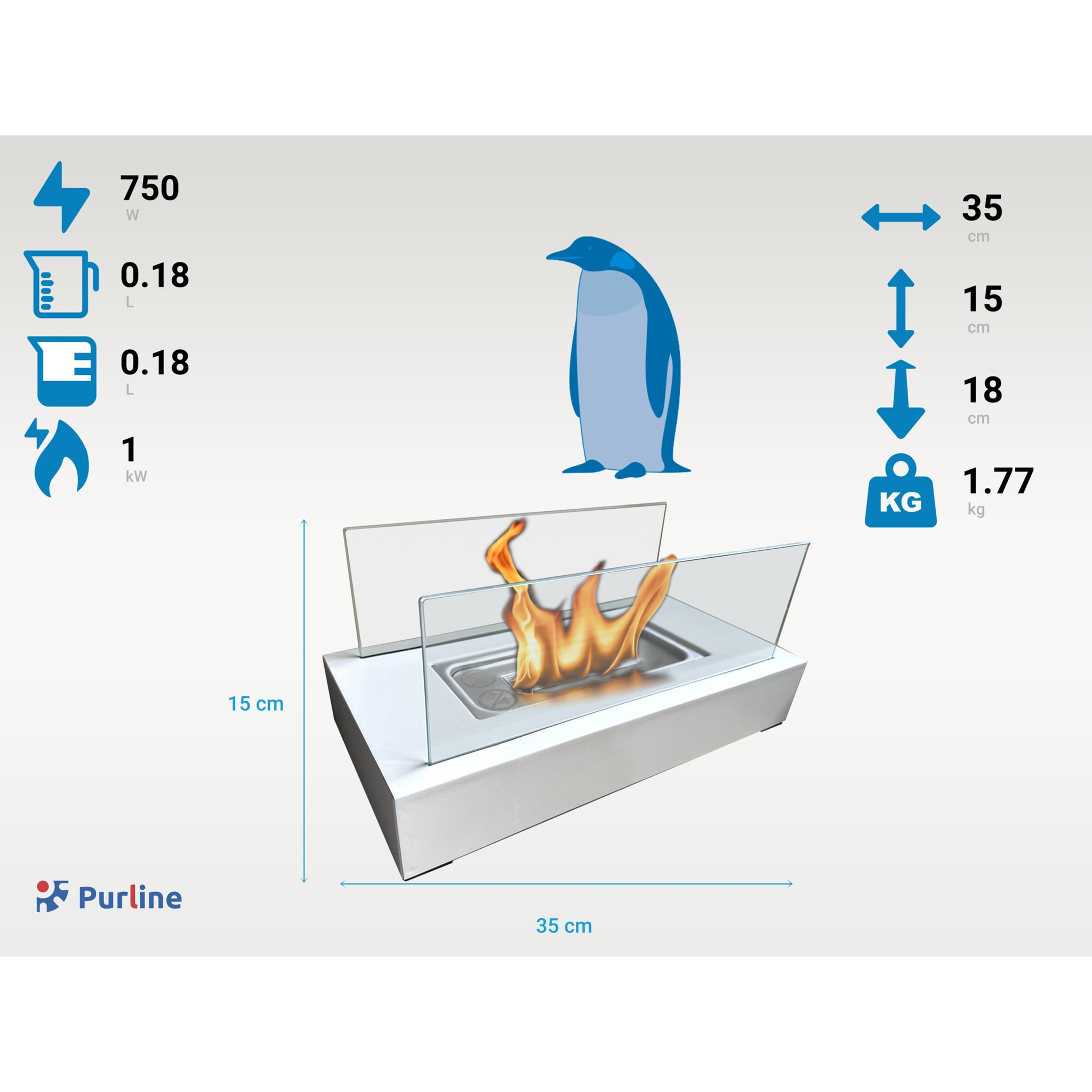 Chimenea de etanol de sobremesa con dos pantallas de cristal templado ALGEIROS W PURLINE 750 W