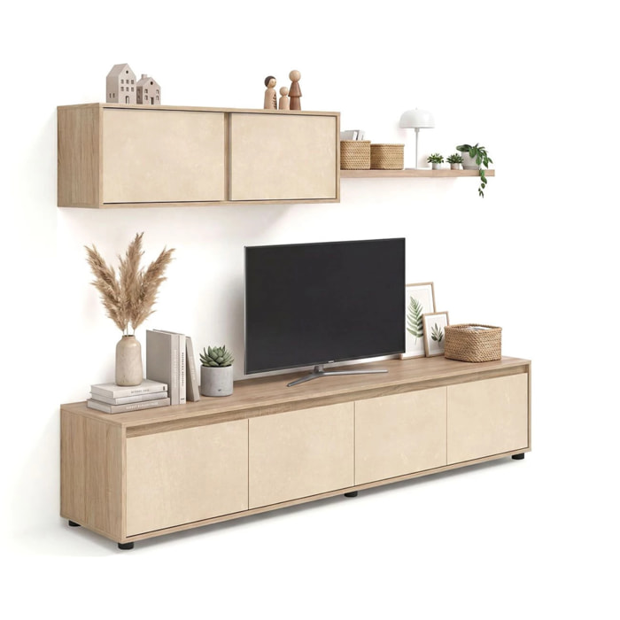 Salón con mueble de TV y estantería en roble canadian y efecto microcemento beige 200 cm Arlet Roble Canadian - Microcemento Beige