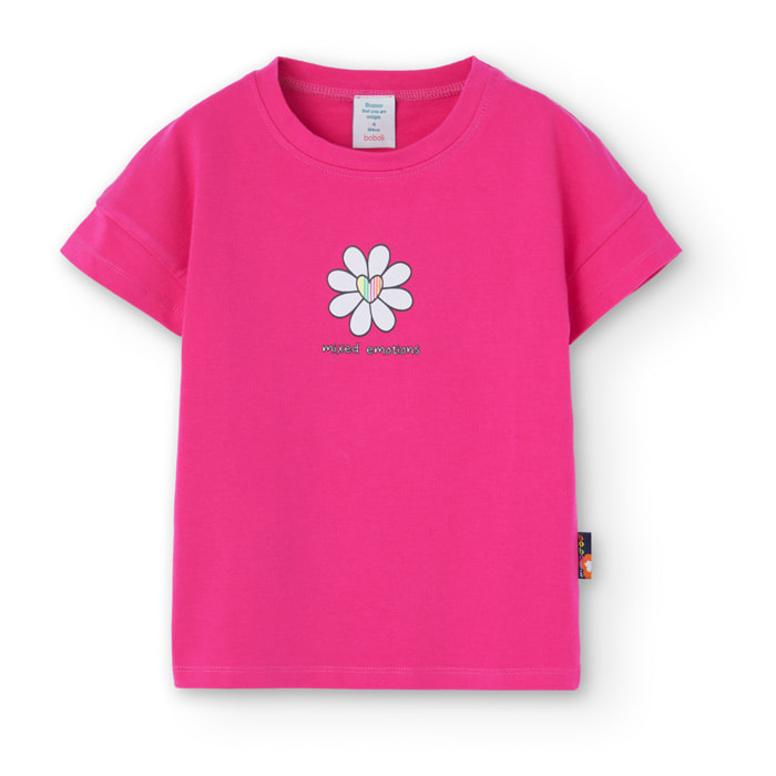 Camiseta elÃ¡stica niÃ±a estampada, mangas cortas, rosa