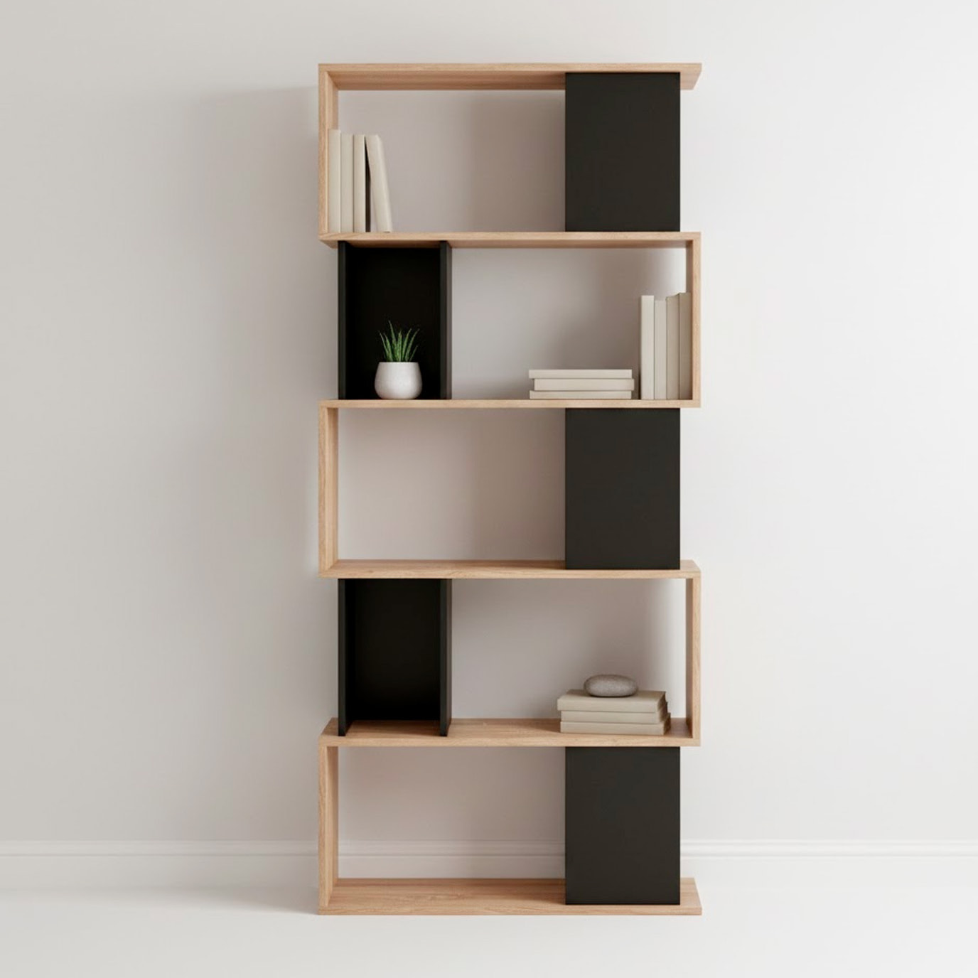 Libreria Moderna a Giorno Con Design Geometrico Asimmetrico Libreria Salvaspazio Ideale Per Soggiorno Studio E Ufficio 80x29.5x173.5 cm Rovere e Nero