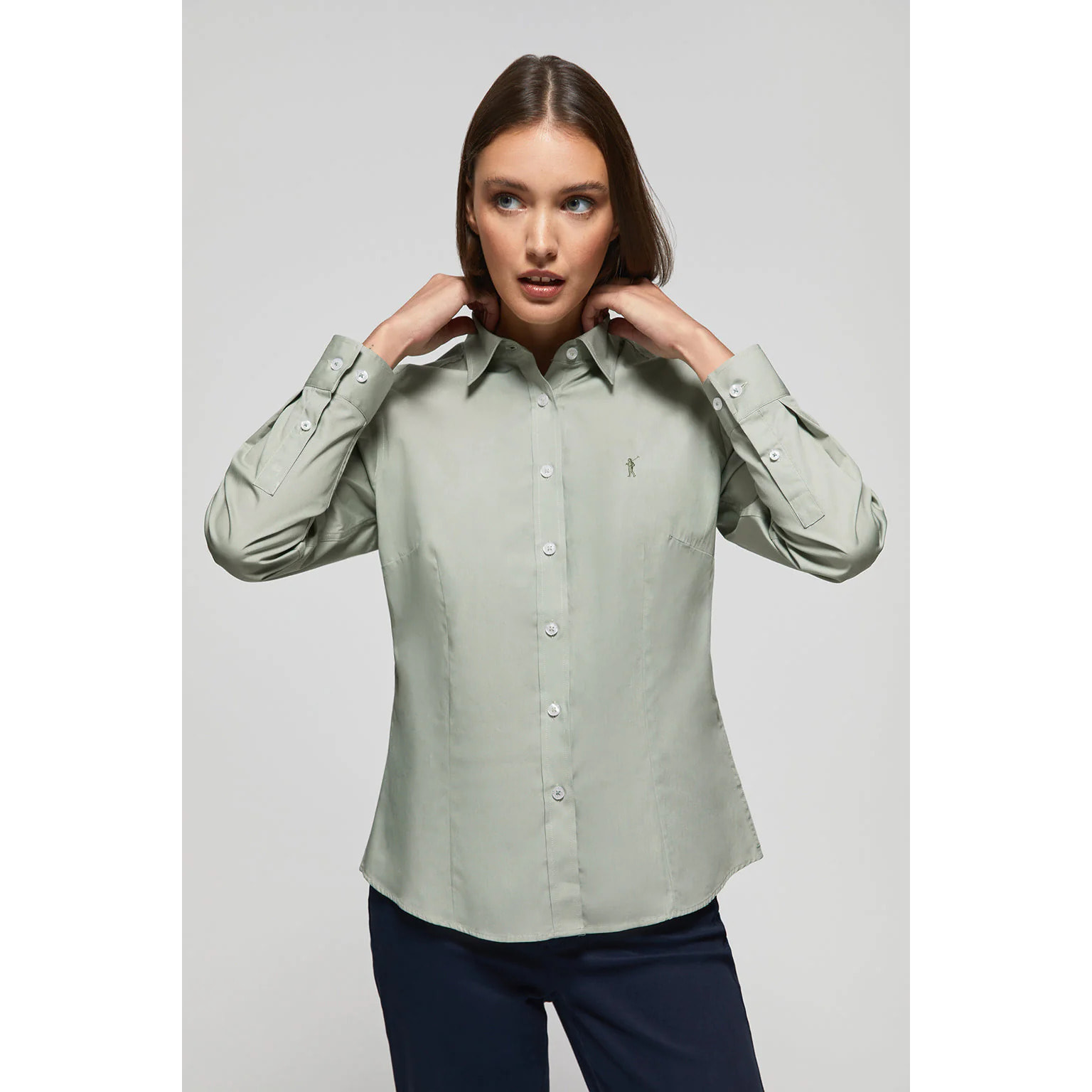 Camicia in popeline Slim Fit verde giada con ricamo Rigby Go