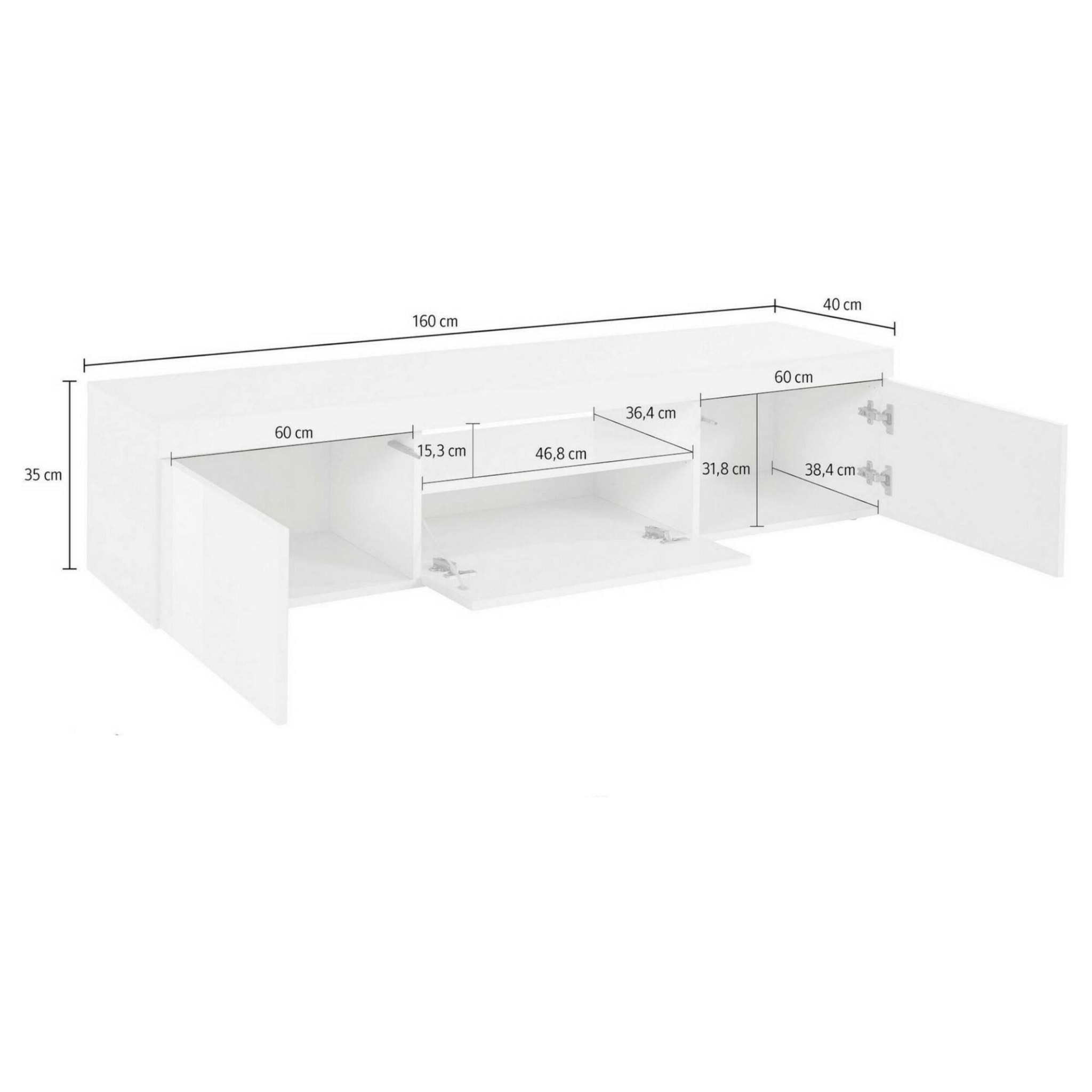 Mobile porta TV Dcorradin, Credenza bassa da soggiorno a 3 ante, Base porta TV, 160x40h35 cm, Bianco lucido