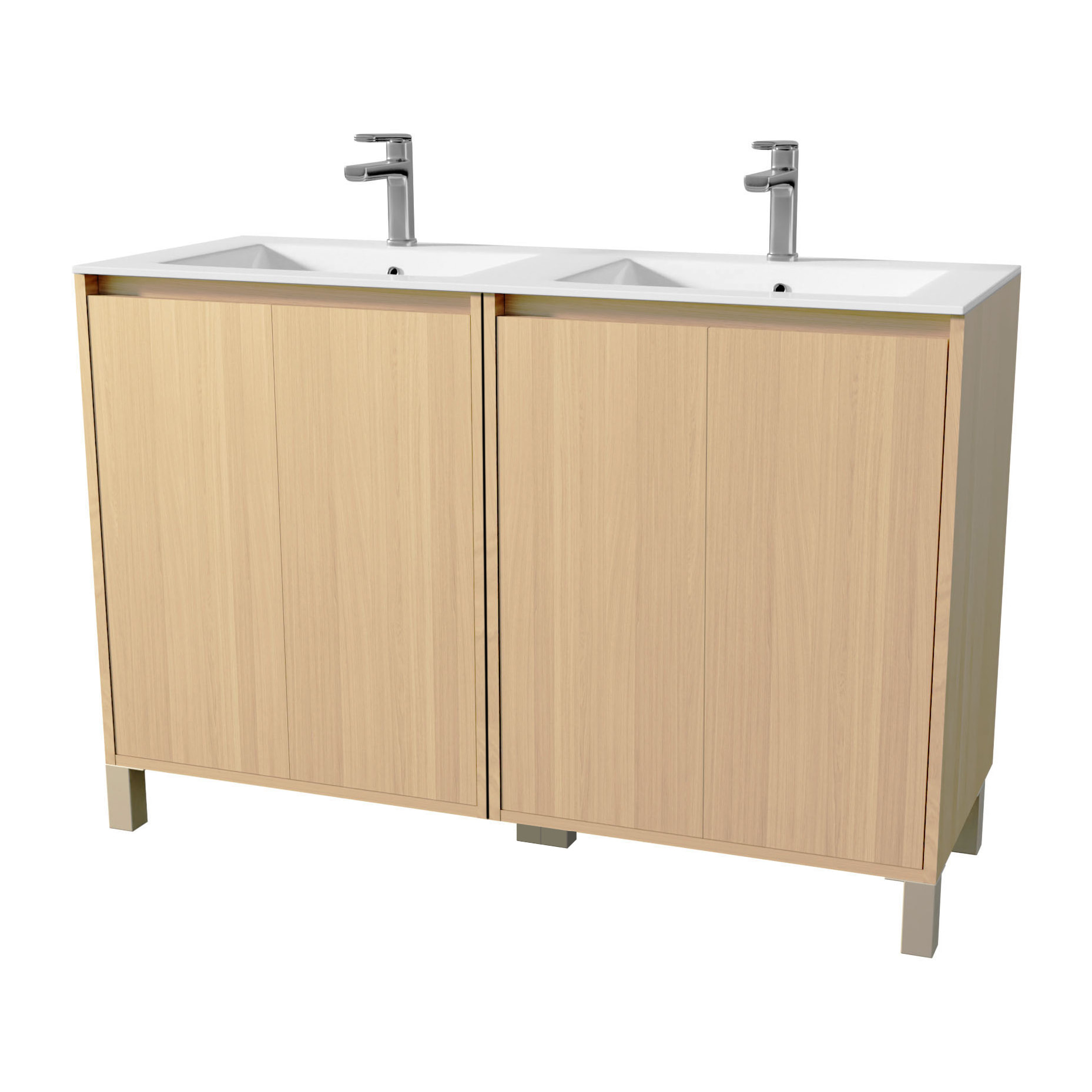 Pack Meuble Salle de Bains 120 cm Chêne Clair, 4 portes avec Vasque Céramique - XENOS