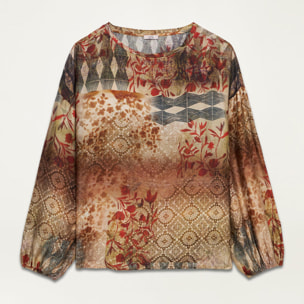 Oltre - Patchwork patterned viscose blouse - Beige