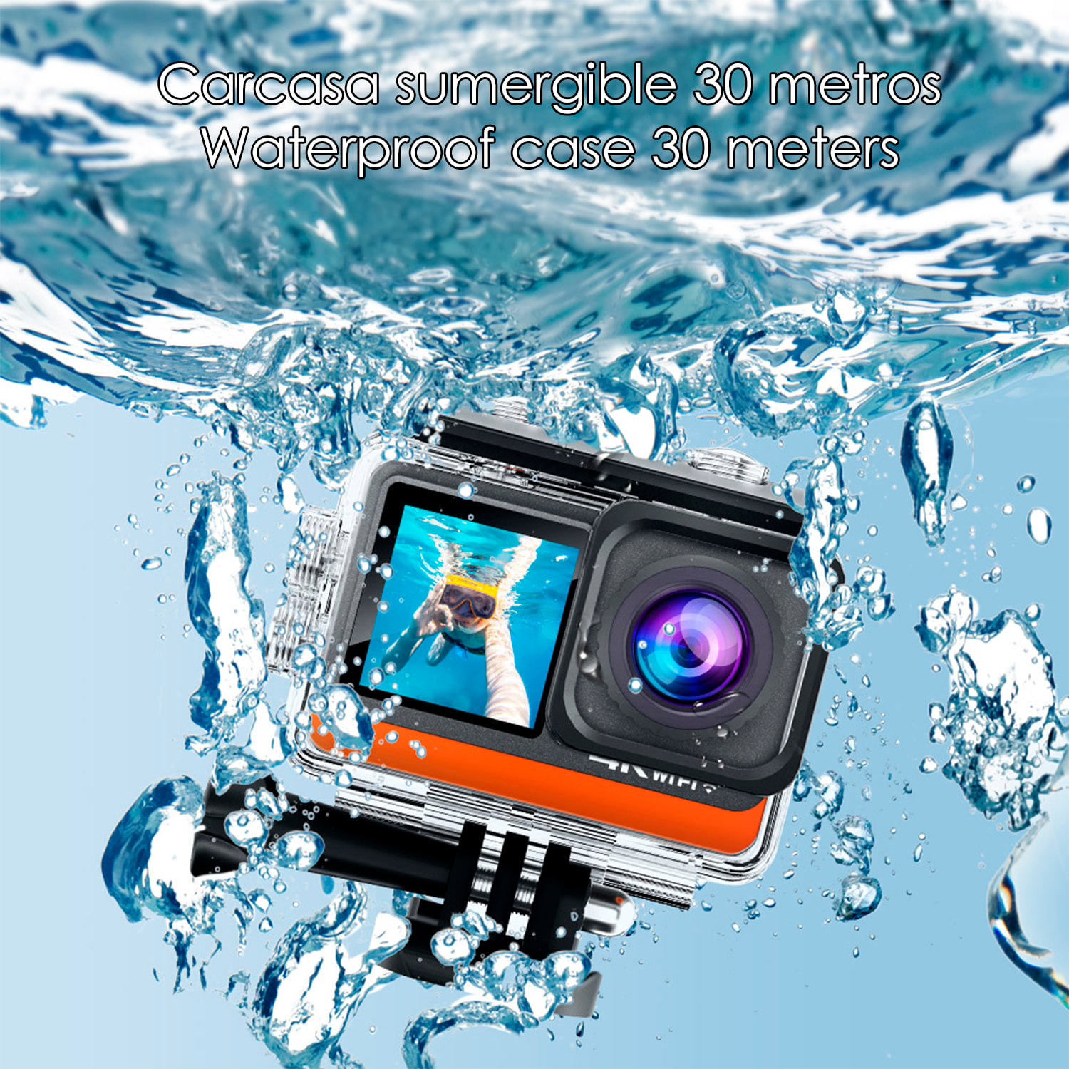 Cámara Deportiva M80 TR 4k 60fps con 29 mpx, doble pantalla de 2" y 1.3", estabilizador de imagen, multitud de accesorios, 6 filtros y WIFI.