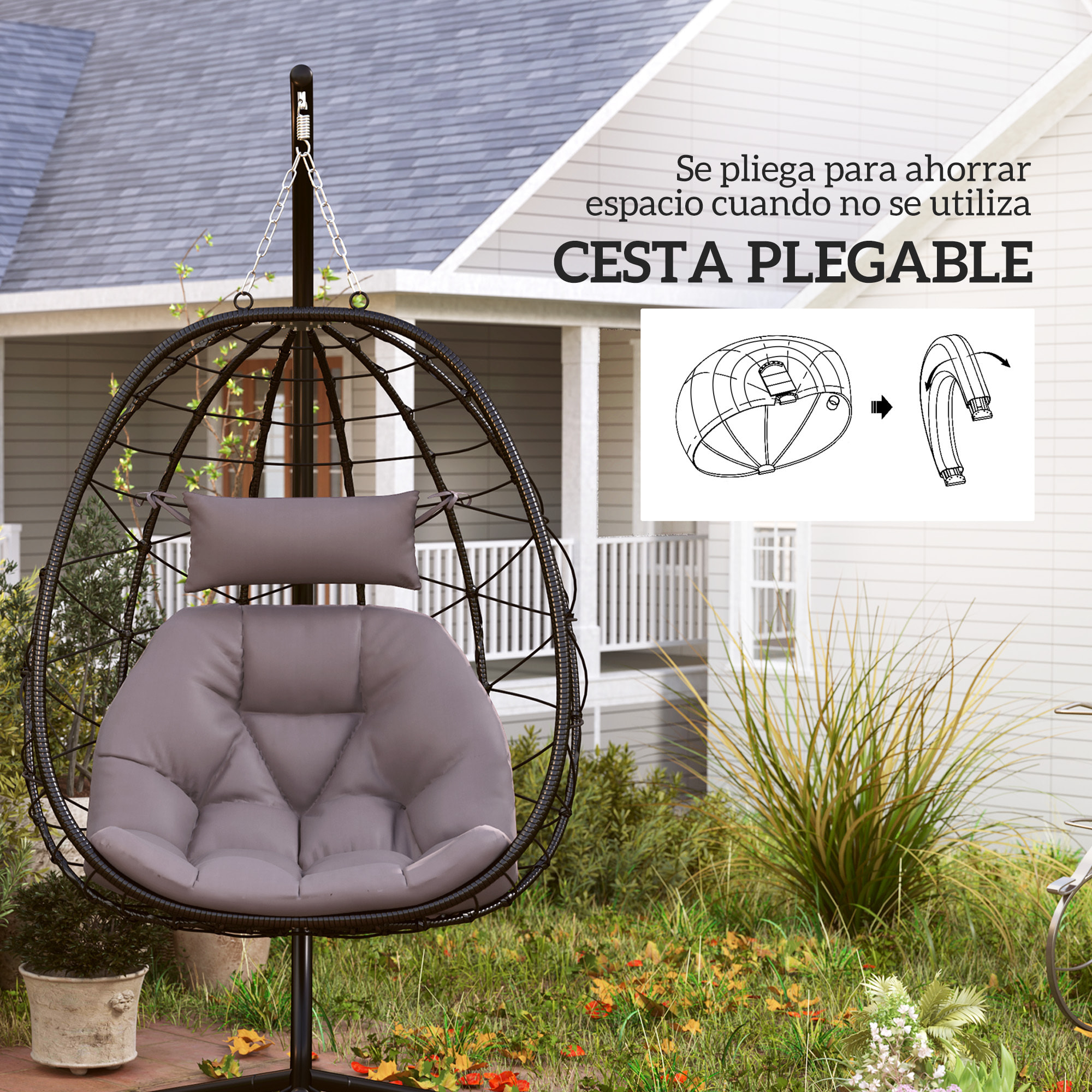 Silla Colgante Huevo con Soporte Columpio Jardín Exterior con Cesta Plegable Cojín y Reposacabezas Columpio Colgante para Interior y Exterior Carga 120 kg Gris