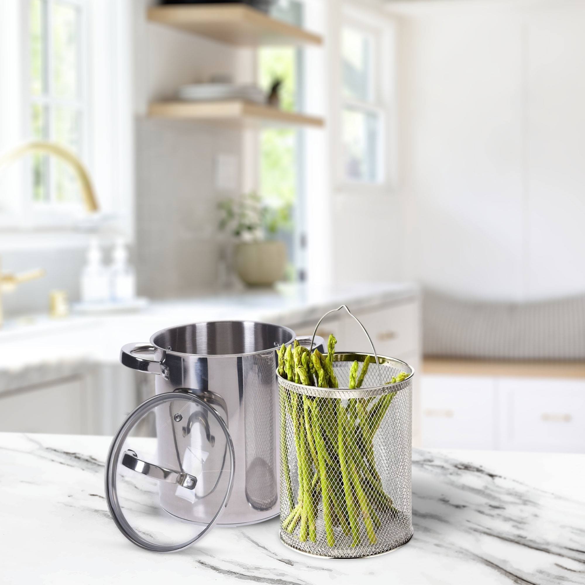 cacerola de espárragos en acero inoxidable ø16x21cm de fondo encapsulado y tapa de cristal