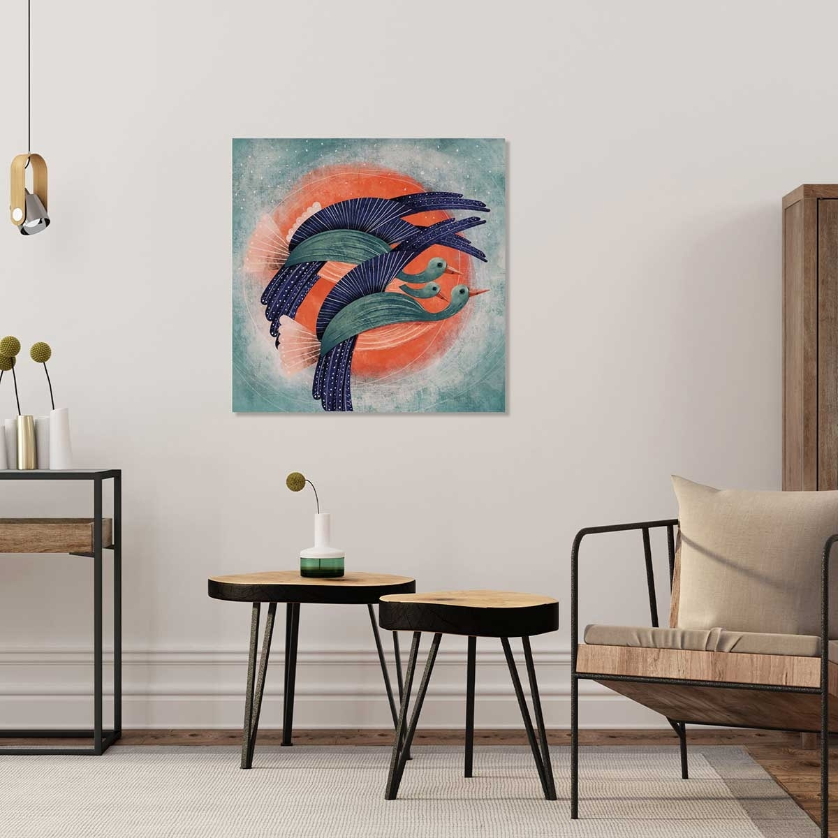 Tableau Affiche illustration oiseau lyre et soleil rouge Tableau alu Dibond