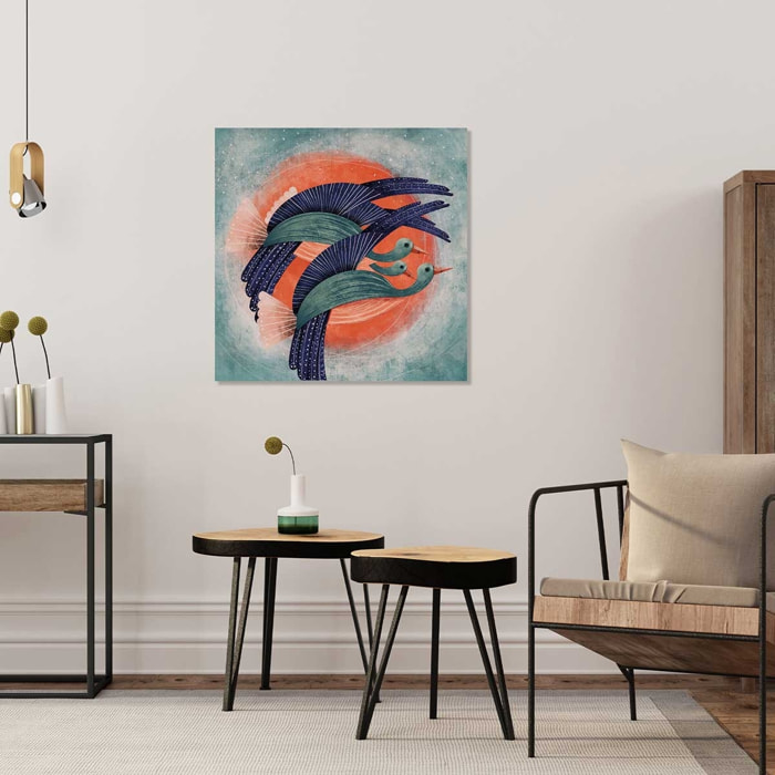 Tableau Affiche illustration oiseau lyre et soleil rouge Tableau alu Dibond